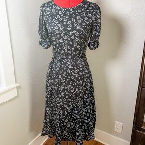 DKNY Classic Black & White Floral Fit & Flare Midi Dress Size M